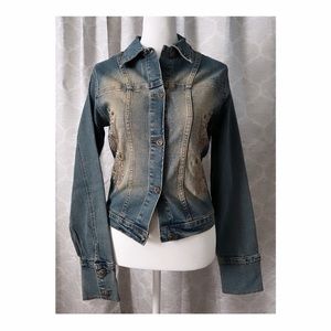 NWT VTG SWAYZE DISTRESSED EMBROIDERED DENIM JACKET / SIZE S / JR PETITE / BRAZIL